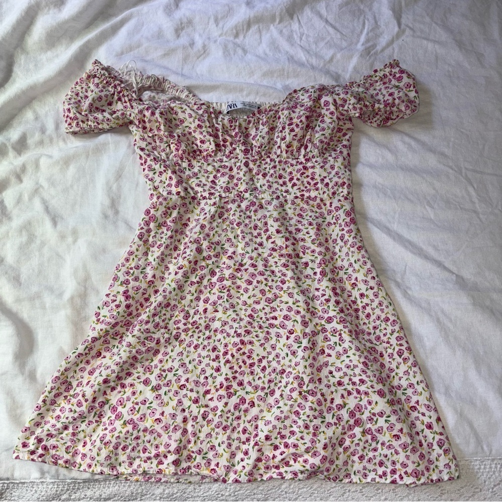 Zara SMALL Off The Shoulder Smocked Mini Dress Floral Linen Cottagecore milkmaid